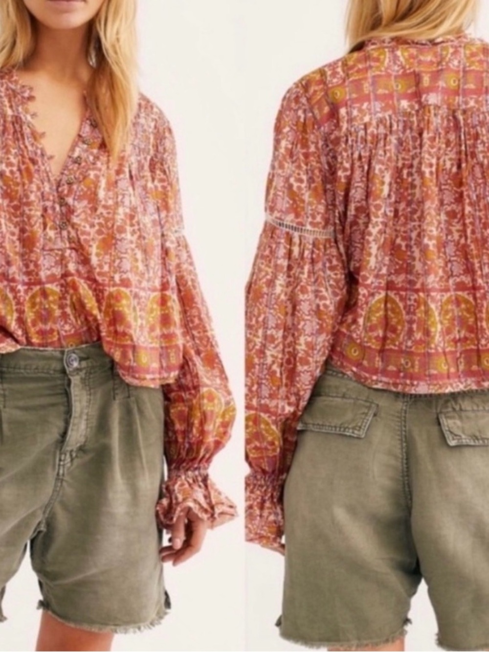 We The Free People Linen Olive Green Utility Harem Shorts Baggy Slouchy 8 Beachy
